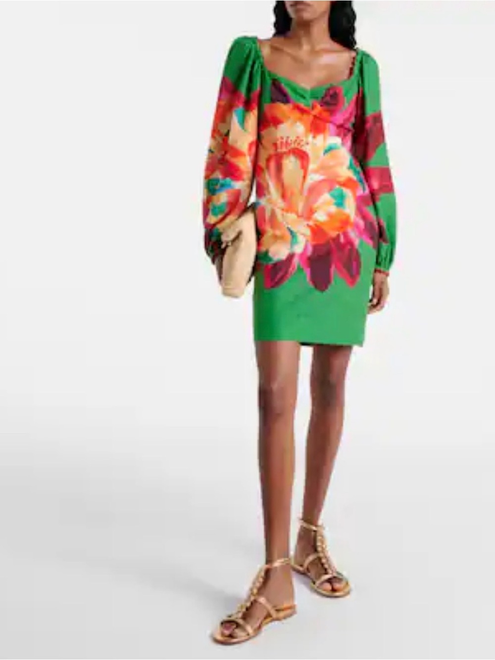 NWOT FARM Rio Green Long-Sleeve Floral Mini Dress